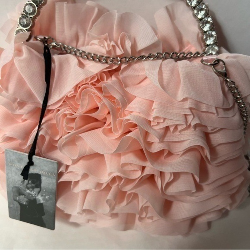 Sincerely Jules Pouch Clutch Pink Ruffle Rhinestone Handle Chain Strap Bag - Picture 5 of 6